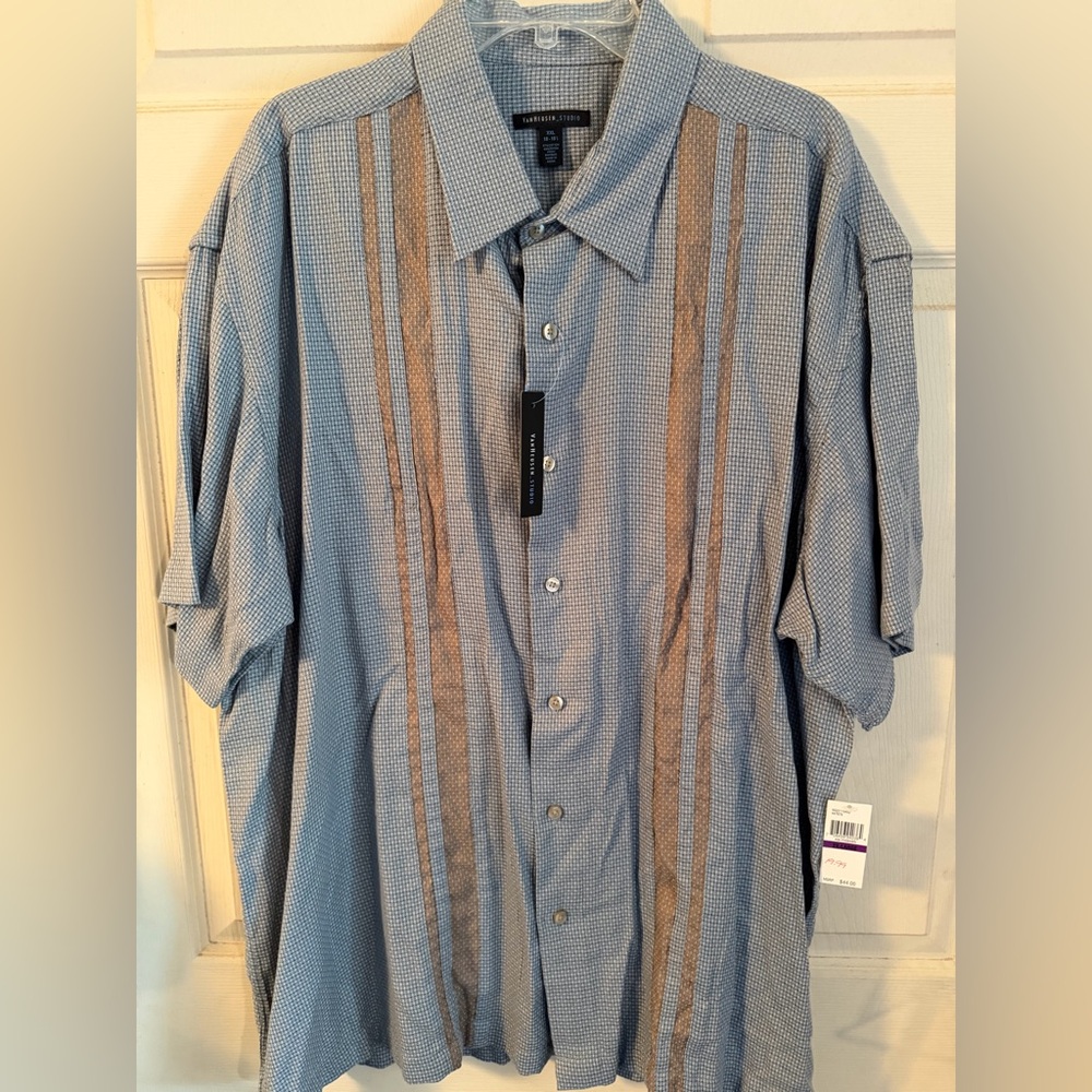 Van Heusen Blue Short-Sleeve Button Down Shirt with Tan Stripes